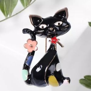 Kitty cat brooch necklace pendant enamel flowers gold